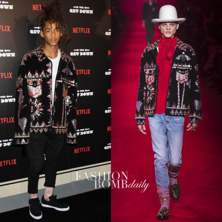 Men’s Fashion Flash: Jaden Smith’s <em> The Get Down </em> New York City Premiere Gucci Fall 2016 Multicolored Button Embellished Velvet Jacket