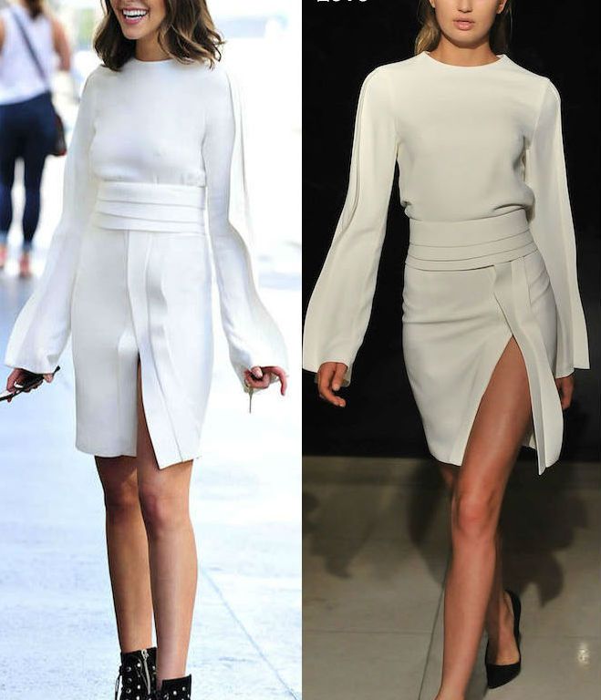 Hot! or Hmm… Olivia Culpo’s Hollywood Brandon Maxwell Spring 2016 White Long Sleeve Belted Slit Dress and Giuseppe Zanotti Studded Open Toe Booties