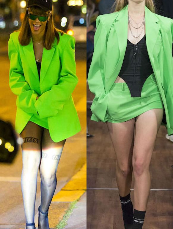 Hot! or Hmm… Rihanna’s Berlin Vetements Spring 2016 Neon Green Blazer, Miniskirt, and Alexander Wang Fall 2016 Black Girls Sheer Hosiery
