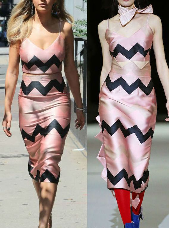 Hot! or Hmm… Rita Ora’s New York City The Coat by Katya Silchenko Fall 2016 Pink and Black Zigzag Crop Top and Pencil Skirt
