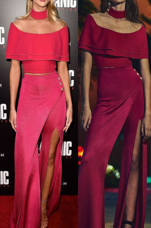 Hot! or Hmm… Rosie Huntington-Whiteley’s <em>Mechanic: Resurrection</em> Hollywood Premiere Balmain Resort 2017 Off the Shoulder Flounce Crop Top and High Waist Wrap Slit Trousers