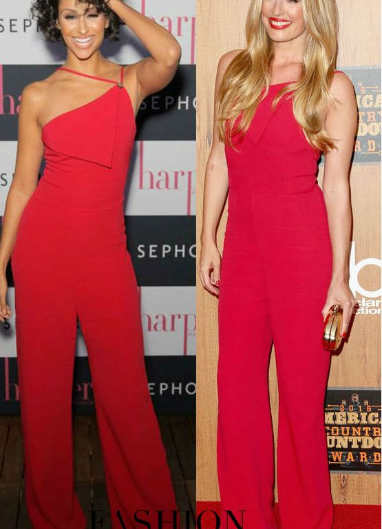 Who Wore It Better? Nazanin Mandi vs. Cat Deeley in Cushnie et Ochs’s Red Double Strap Jumpsuit