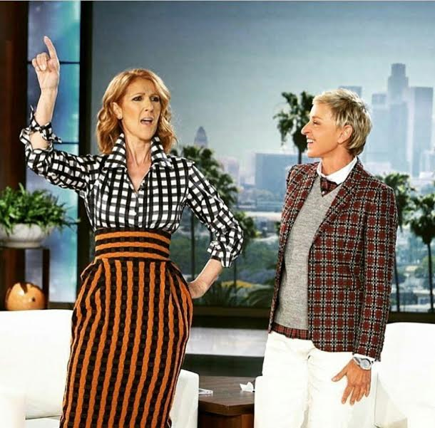 Hot! Or Hmm…: Celine Dion’s The Ellen DeGeneres Show Victoria Beckham Fall 2016 Gingham Print Button Down Top and High Waisted Striped Midi Skirt