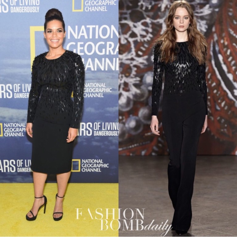 Hot! or Hmm… America Ferrera’s National Geographic’s <em>Years of Living Dangerously</em> New Season World Premiere Jenny Packham Fall 2015 Black Embellished Long Sleeve Dress