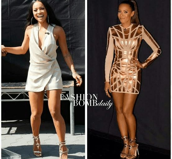 Who Wore It Better?: Karrueche Tran vs. Melanie Brown in Hanifa Official’s ‘Zoila’ Gold Strappy Sandal