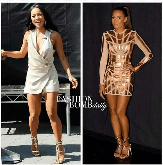 Who Wore It Better?: Karrueche Tran vs. Melanie Brown in Hanifa Official’s ‘Zoila’ Gold Strappy Sandal