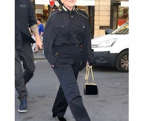Splurge: Kris Jenner’s Paris Givenchy Metallic-Embroidered Blouse in Black Silk Georgette and Grain de Poudre Cotton-Blend Wide-Leg Pants