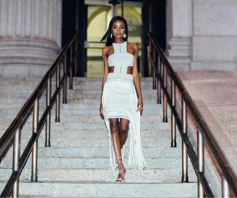 Hot! Or Hmm…: Miss USA 2016 DeShauna Barber’s New York Fashion Week RVNNYC Spring 2016 Fringed Cutout Cream Halterneck Dress