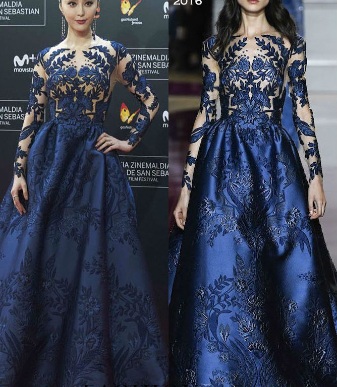 Hot! or Hmm… Fan Bingbing’s <em>La Fille de Brest</em> 64th San Sebastian Film Festival Premiere Zuhair Murad Fall 2016 Couture Navy Floral Embroidered Gown