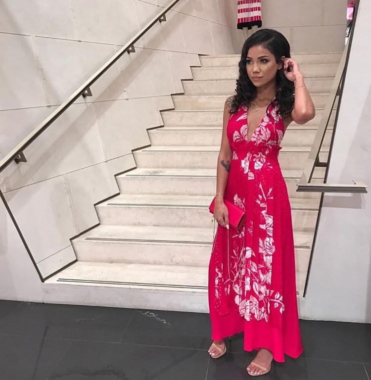 Hot! or Hmm…: Jhené Aiko’s Fendi Rodeo Drive Flagship Store Opening Fendi Resort 2017 Red Floral Printed Halter Dress