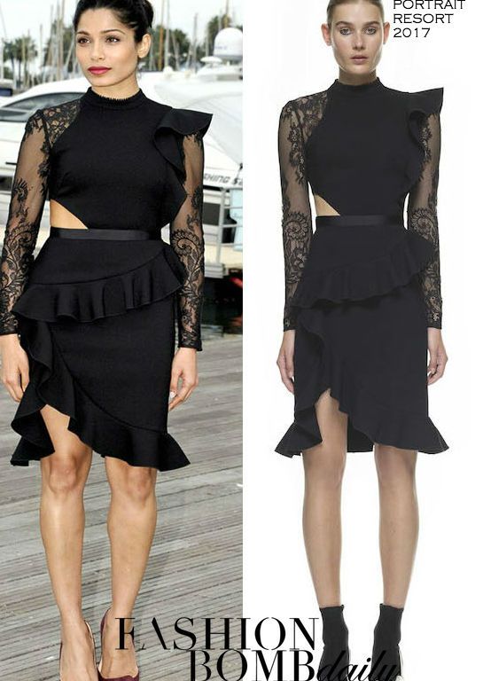 Hot! or Hmm… Freida Pinto’s <em>Guerilla</em> Mipcom 2016 Photocall Self Portrait Resort 2017 Black Lace Cutout Ruffle Dress