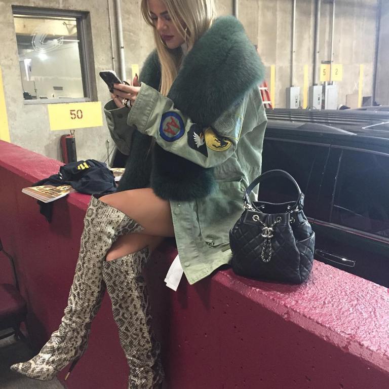 Splurge: Khloe Kardashian’s Instagram $1,343 Off-White Men’s Green Patch Sleeve Military Jacket