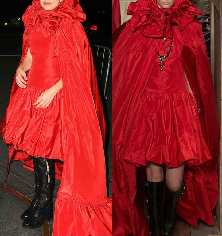Hot! or Hmm… Lady Gaga’s New York City Valentino Couture Fall 2016 Red Ruffle Cape Train Dress and Black Leather Boots