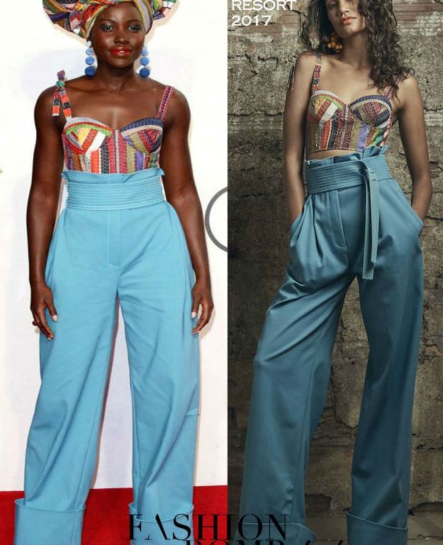 Hot! or Hmm… Lupita Nyong’o’s <em>Queen of Katwe</em> London Premiere Rosie Assoulin Resort 2017 Multicolor Bustier and High-Waist Blue Wide Leg Trousers