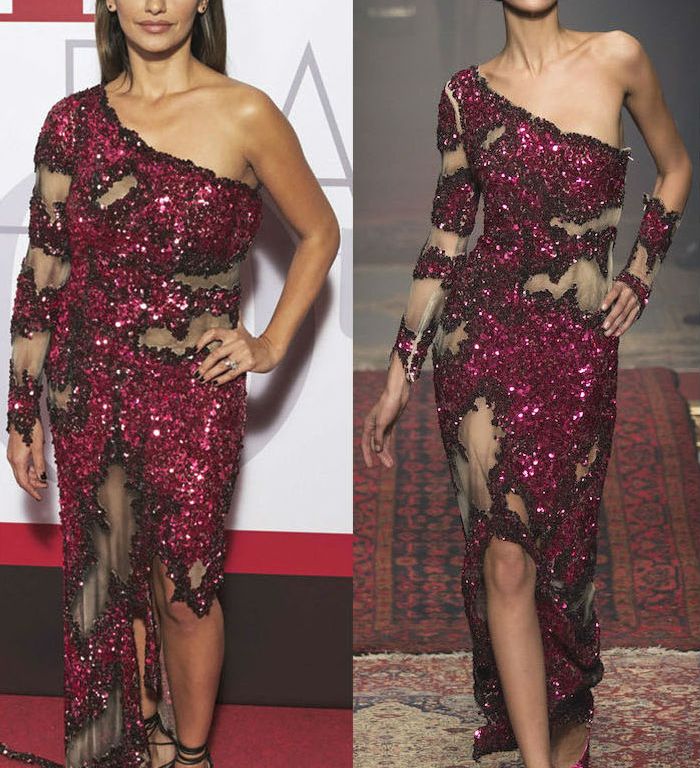 Hot! or Hmm… Monica Cruz’s ELLE Magazine 30th Anniversary Party Moschino Fall 2016 Pink One Shoulder Embellished Sheer Panel Gown