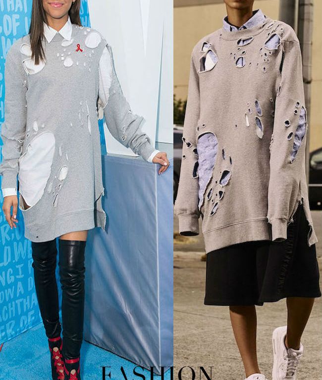 Hot! or Hmm… Zendaya Coleman’s WE Day Toronto Public School Spring 2017 Grey Destructed Sweater, White Button Front Shirt, and Paul Andrew for Barbie Liberty Boots