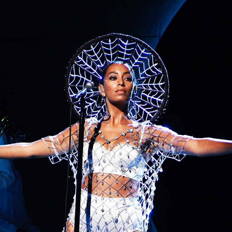 Solange Knowles Performs on Saturday Night Live in Erickson Beamon Custom Crystal Dress and La Perla Silk Bra and Briefs