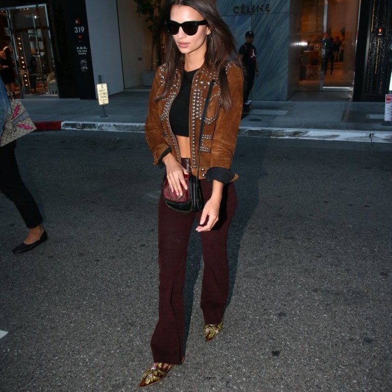 Splurge: Emily Ratajkowski’s Beverly Hills A.L.C. Tobacco Blaine Jacket, $1,950 Salvatore Ferragamo Gancio Messenger Bag, and $1,090 Alberta Ferretti Embroidered Slip-on Mules