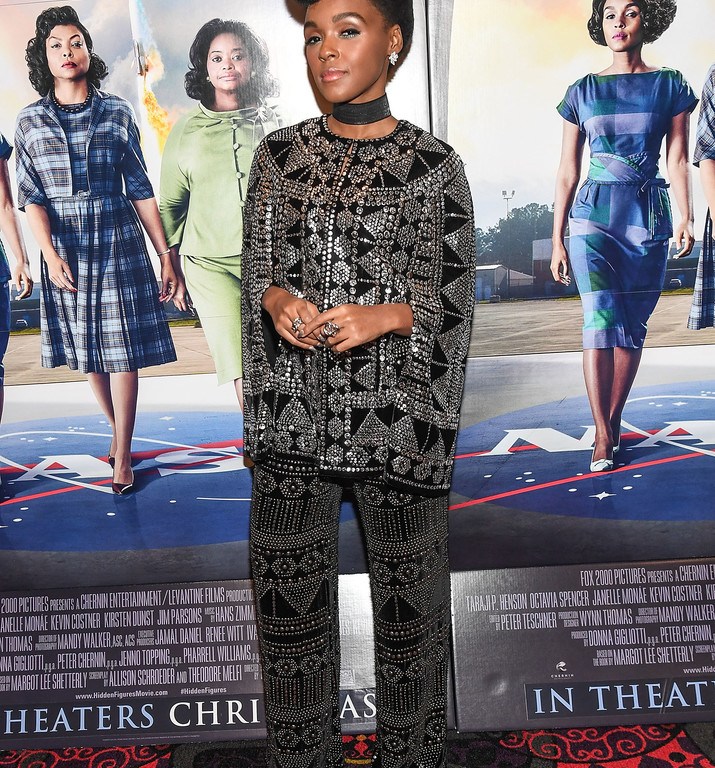 Splurge: Janelle Monae’s <em>Hidden Figures</em> Atlanta Advanced Screening Naeem Khan Black and Silver Studded Cape and Trousers