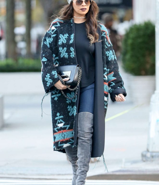 Splurge: Lala Anthony’s New York City $2,181 County of Milan Multicolor Round Collar Adela Coat and Gianvito Rossi Fall 2014 Grey Suede Anita Thigh High Boots