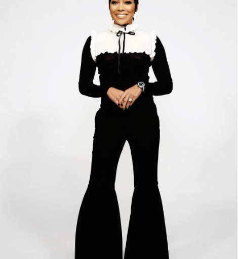 Splurge: Monica Brown’s The Real Philosphy de Lorenzo Serafini Black and White Ruffle Tie Neck Sweater Top