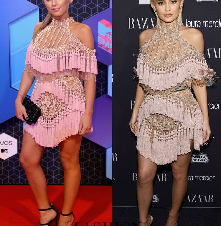Who Wore It Better? Kenza Zouiten vs. Kylie Jenner in Balmain’s Fall 2016 Pink Embellished Fringe Mini Dress