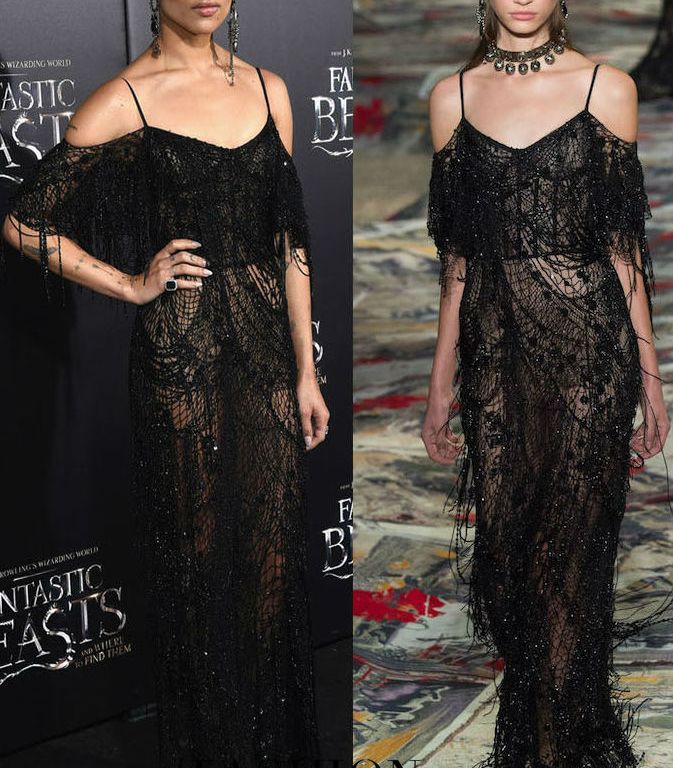 Hot! or Hmm… Zoe Kravitz’s <em>Fantastic Beasts and Where to Find Them</em> New York City Premiere Alexander McQueen Spring 2017 Black Sheer Embellished Web Lace Gown