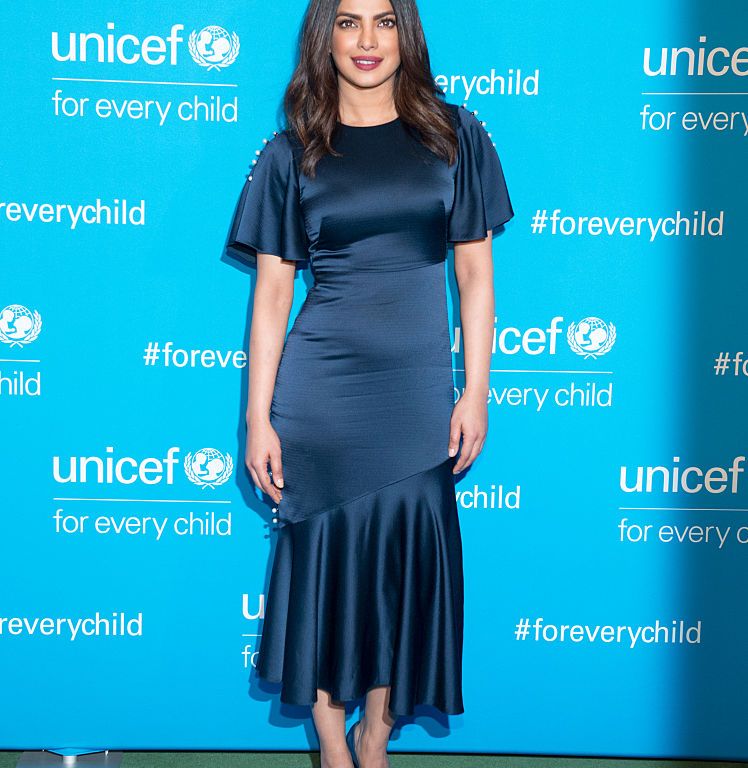 Hot! Or Hmm…: Priyanka Chopra’s UNICEF 70th Anniversary Event Prabal Gurung Resort 2017 Navy Blue Button Detail Flutter Short Sleeve Midi Dress