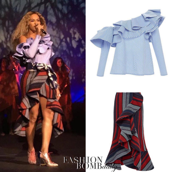 Splurge: Beyonce’s Parkwood Holiday Party Johanna Ortiz M’O Exclusive $795 Anastasia One Shoulder Ruffled Top and $995 Alexia Striped Flounced Skirt
