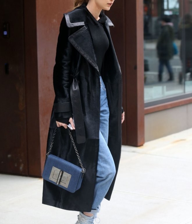 Splurge: Gigi Hadid’s New York City $2,240 Rihanna x Manolo Blahnik Dancehall Cowgirl Denim Boots and $2,290 Tom Ford Denim Natalia Shoulder Bag