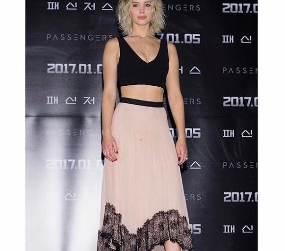 Splurge: Jennifer Lawrence’s Passengers Photocall Cinq a Sept Cosette Crop Top and Kaya Lace Pink Midi Skirt