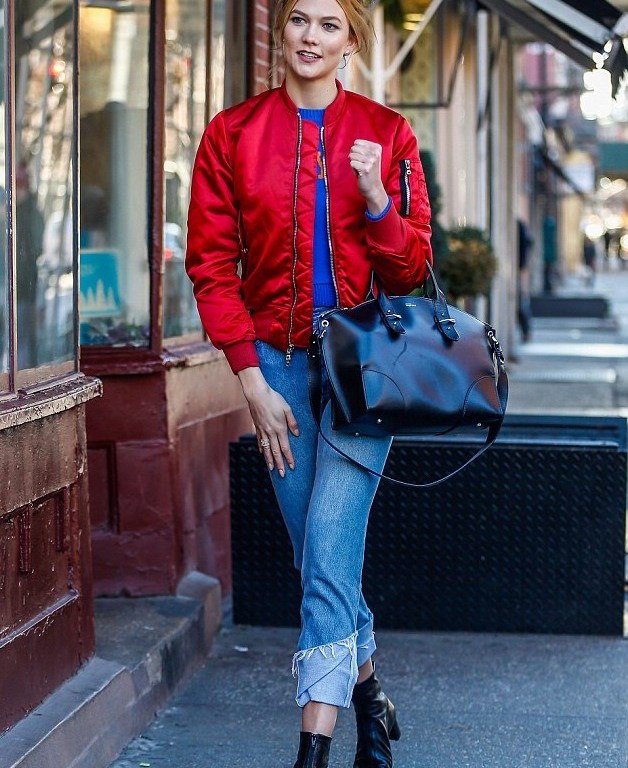 Splurge: Karlie Kloss’s New York City UNRAVEL FWRD Exclusive Red Bomber Jacket and By Far ‘Neva’ Frontal Zip Black Ankle Boots