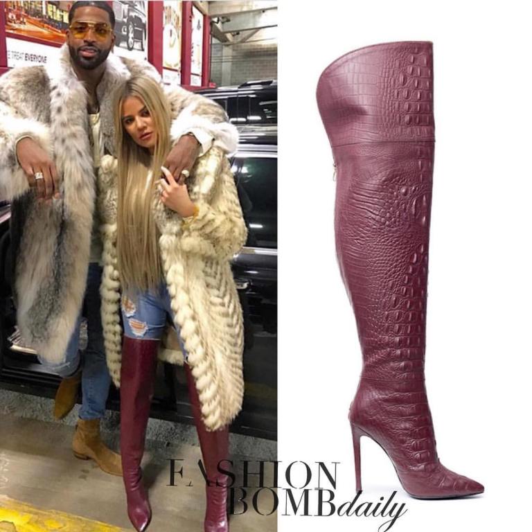 Splurge: Khloe Kardashian’s Jennifer Le Oxblood II Caiman Over the Knee Boots + Tristan Thompson’s Vintage Fur, Balmain Jeans, and YSL Boots