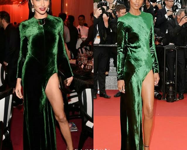 Who Wore It Better? Adriana Lima vs. Liya Kebede in Haider Ackermann’s Fall 2016 Velvet Emerald High Slit Dress