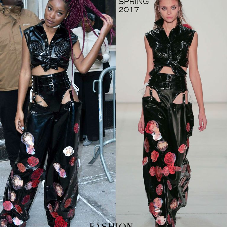 Hot! or Hmm… Keke Palmer’s New York City Namilia Spring 2017 Black Patent Shirt and Black Patent Leonardo DiCaprio Rosette-Embroidered Chaps