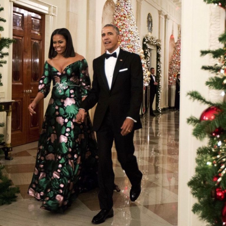 First Lady Michelle Obama Wears a Custom Gucci Green Floral Silk Crepe Gown to the 2016 Kennedy Center Honors