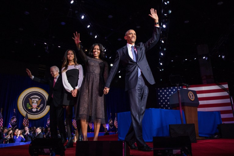 First Lady Michelle Obama Wears Jason Wu Fall 2016 Black Lace Dress and Malia Obama Wears Cinq a Sept’s Seraphina Black and White Colorblock Dress at President Barack Obama’s Farewell Address