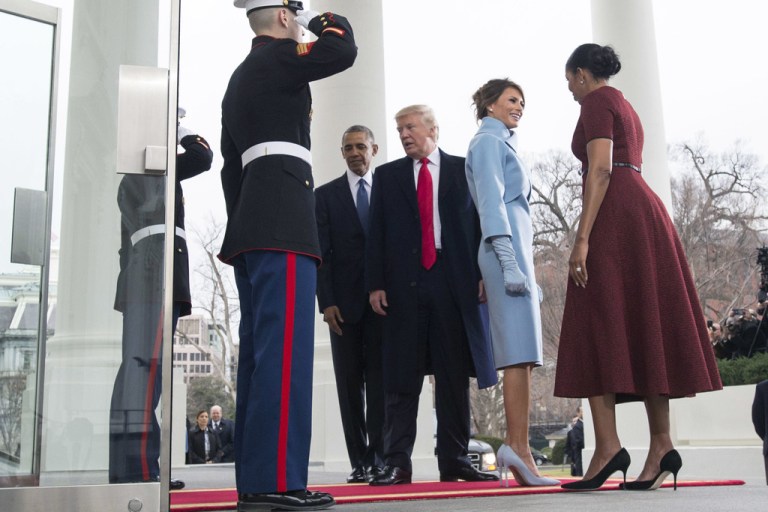 First Lady Michelle Obama Wears Red Jason Wu Dress and Melania Trump Wears Baby Blue Ralph Lauren at the Inauguration of Donald Trump