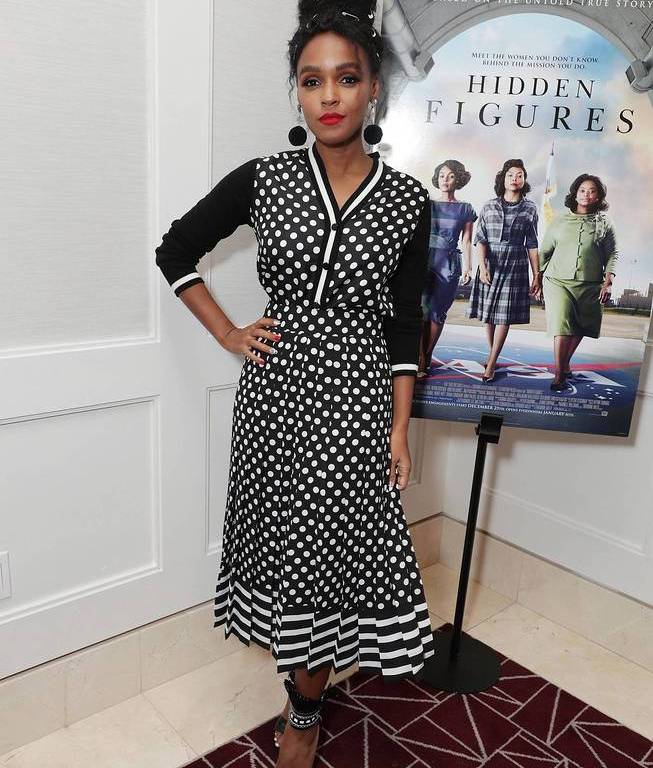 Splurge: Janelle Monae’s Hidden Figures Screening Kate Spade Dot Stripe Cardigan and Pleated Skirt