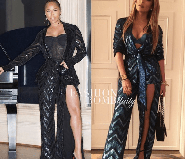 Who Wore it Better? Marjorie Harvey vs. Jennifer Lopez in Zuhair Murad’s Fall 2016 Sequined Chevron Split Leg Suit