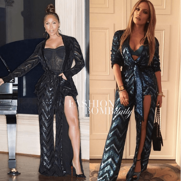 Who Wore it Better? Marjorie Harvey vs. Jennifer Lopez in Zuhair Murad’s Fall 2016 Sequined Chevron Split Leg Suit