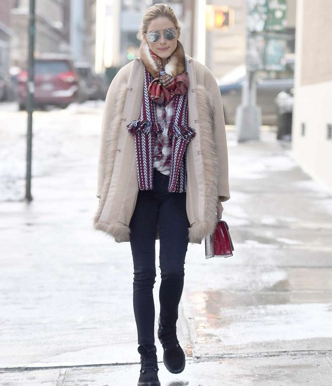 Splurge: Olivia Palermo’s New York City $1,328 Burberry Fringed Herringbone Jacquard Wool Cape and $1,195 Jimmy Choo Black Elba Boots