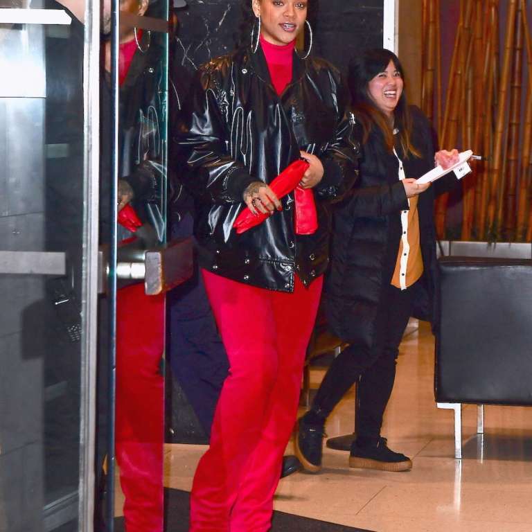Splurge: Rihanna’s New York City $635 Vetements x Juicy Couture Cotton Blend Velour Top and $1,050 Embellished Cotton Blend Velour Track Pants