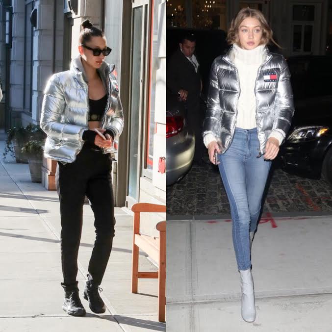 Who Wore it Better? Bella Hadid vs Gigi Hadid in Tommy Hilfiger’s Silver Puffer Jacket