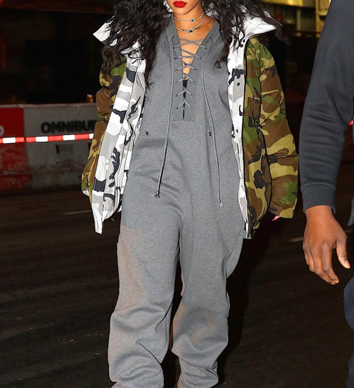 Get The Look: Rihanna’s New York City $220 Fenty X Puma Lacing Fleece Jumpsuit and 3,640 Vetements Reversible Grey Camouflage Canada Goose Edition Parka Jacket
