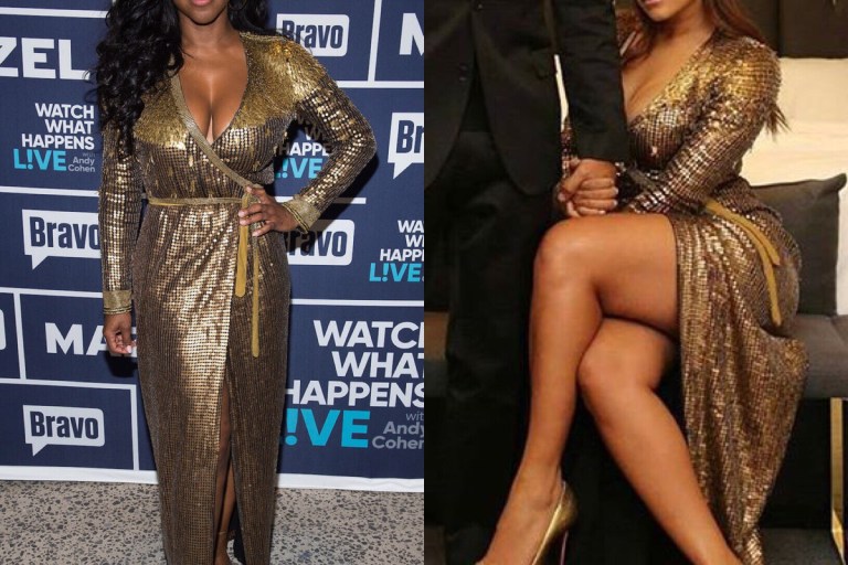 Who Wore It Better: Kenya Moore vs. Eudoxie in Diane Von Furstenberg’s DVF Ariel Gold Embellished Armour Wrap Gown