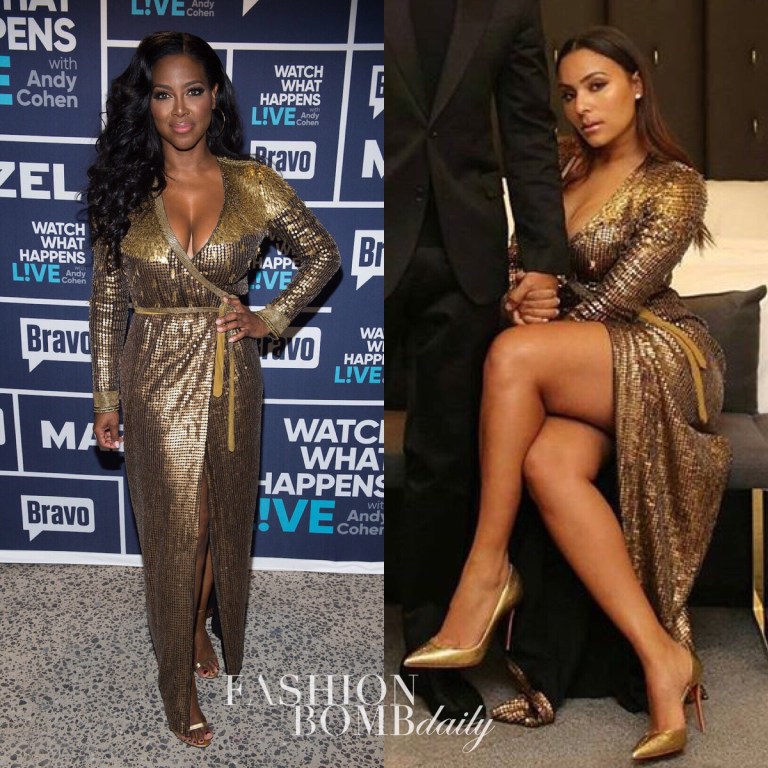 Who Wore It Better: Kenya Moore vs. Eudoxie in Diane Von Furstenberg’s DVF Ariel Gold Embellished Armour Wrap Gown