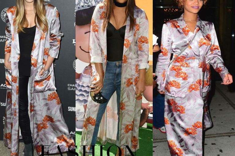 Who Wore It Better? Elizabeth Olsen vs. Tia Mowry-Hardrict vs. Rihanna in Dries Van Noten’s Long Orange and Lilac Lotus Blossom Print Satin Robe Dress