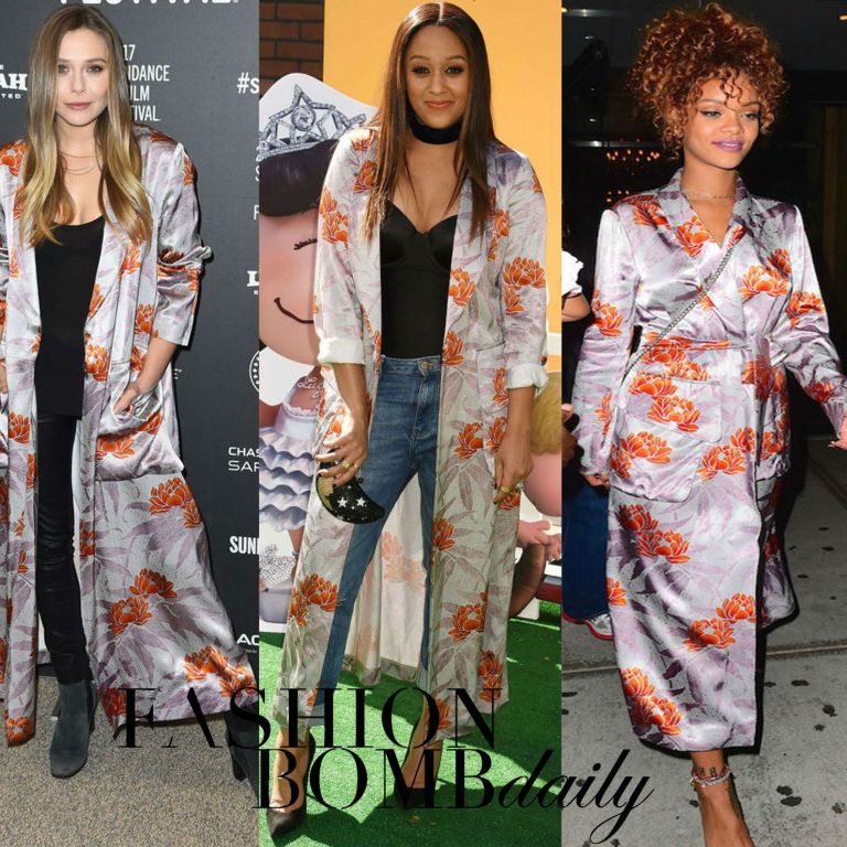 Who Wore It Better? Elizabeth Olsen vs. Tia Mowry-Hardrict vs. Rihanna in Dries Van Noten’s Long Orange and Lilac Lotus Blossom Print Satin Robe Dress