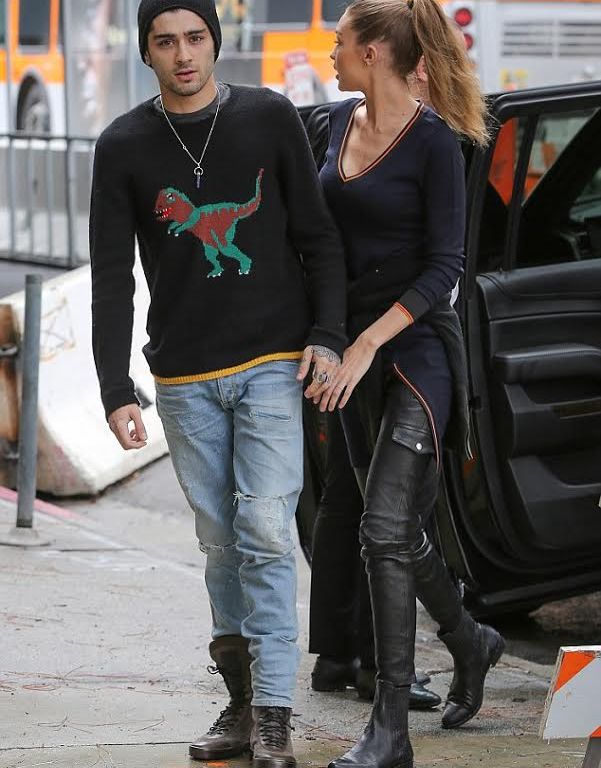 Splurge: Gigi Hadid’s N12H Rib Trim Knit Dress, LA Frame Moto Leather Skinny Pants and Zayn Malik’s Coach Men’s ‘Rexy’ Sweater